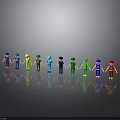 Colorful Cartoon Characters Standing In Row With Multi Colored Outfits Hats On Gray Background Reflections