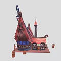 Cartoon Style Ship Shaped Building with Red Roof Blue Windows Spire and Wooden Barrels Signpost