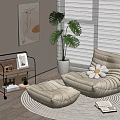 Beige Bean Bag Chair with Ottoman on Round Rug and Monstera Plant in White Planter