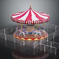 Children Enjoy Colorful Carousel Ride With Red White Striped Canopy And Pony Seats