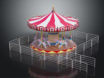 Children Enjoy Colorful Carousel Ride With Red White Striped Canopy And Pony Seats 3d model