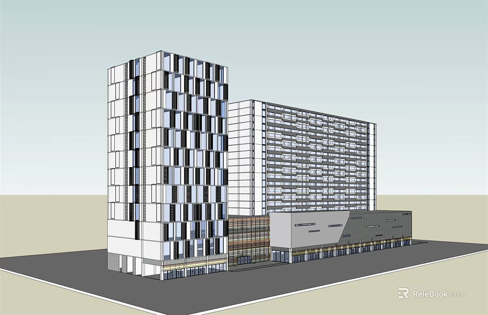 Contemporary Office Building Complex Featuring Two Towers And Glass Facade Design 3d model