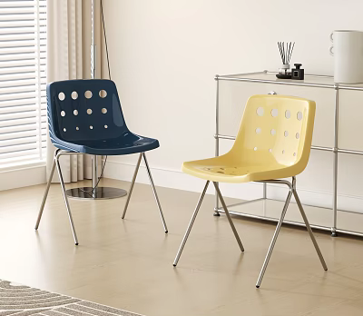 Blue And Yellow Leisure Chairs Featuring Circular Holes And Metal Legs In Modern Room 3d model