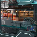Futuristic Cyber Cafe Interior With Blue Lighting Computer Setups And Bar Counter 3d model