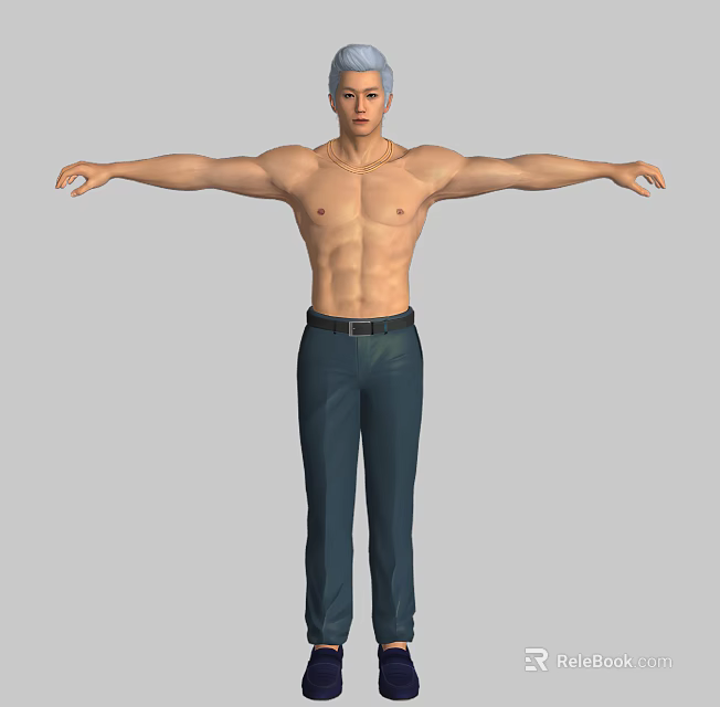 Shirtless Muscular Male Character Standing With Arms Outstretched In Dark Pants Against Gray Background 3d model 