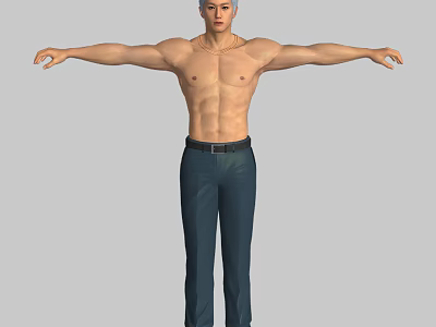 Shirtless Muscular Male Character Standing With Arms Outstretched In Dark Pants Against Gray Background 3d model