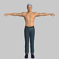 Shirtless Muscular Male Character Standing With Arms Outstretched In Dark Pants Against Gray Background