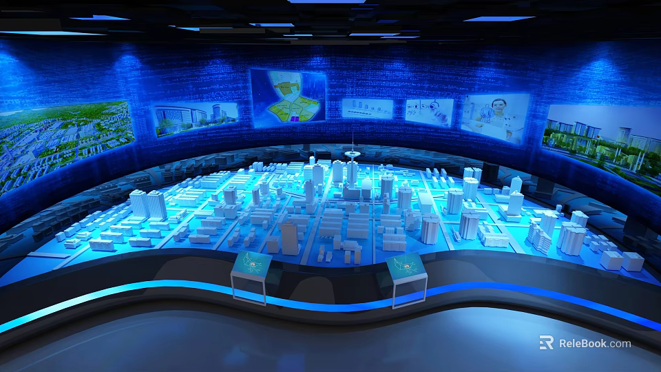 Modern Cultural Center Exhibition Hall With Model City Blue Lighting And Screens 3d model 
