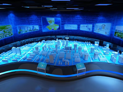 Modern Cultural Center Exhibition Hall With Model City Blue Lighting And Screens 3d model