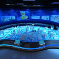 Modern Cultural Center Exhibition Hall With Model City Blue Lighting And Screens