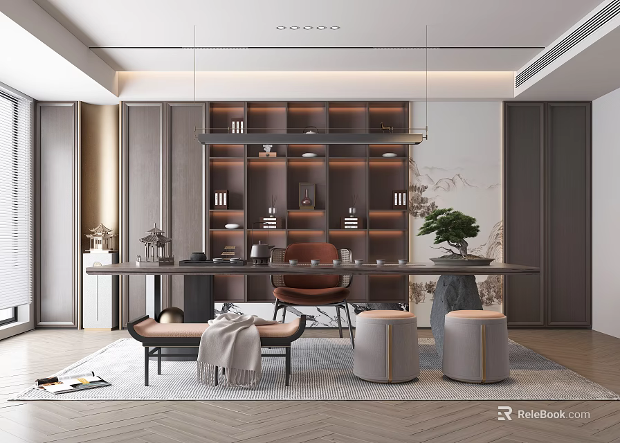 Modern Tea Room Interior With Long Table Seats Bookshelf And Plant 3d model 