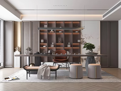 Modern Tea Room Interior With Long Table Seats Bookshelf And Plant 3d model