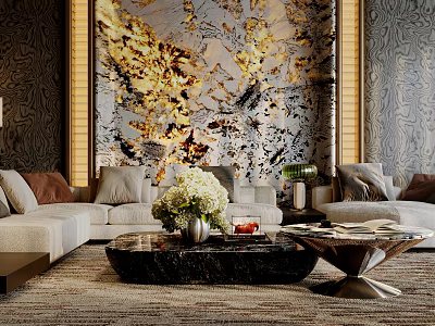 Modern Light Colored Sofa Coffee Table Set with White Flower Vase and Gold Decorative Wall 3d model