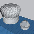 Silver Metal Round Corrugated Air Conditioner Vent on Blue Cuboid Platform with Small Perforated Vent