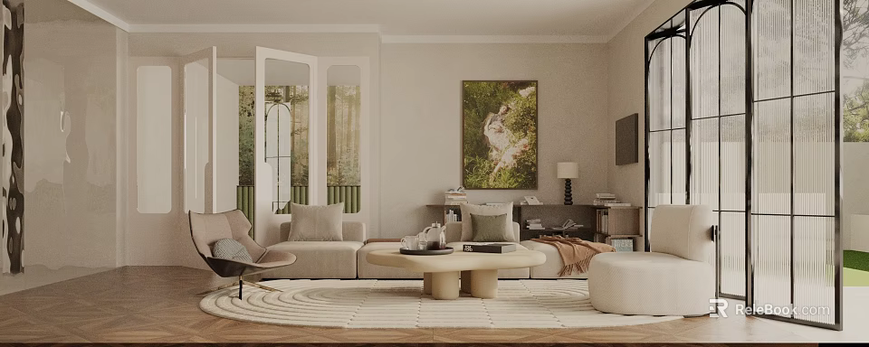 Warm Modern Living Room Interior With Beige Sofa Round Coffee Table And Wall Art 3d model 
