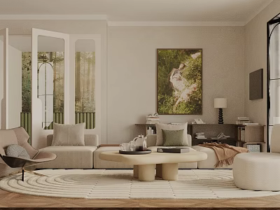 Warm Modern Living Room Interior With Beige Sofa Round Coffee Table And Wall Art 3d model