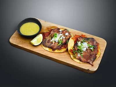 Fresh Authentic Tacos With Meat Onions Cilantro On Wooden Platter And Yellow Sauce Lemon Wedge 3d model