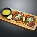 Fresh Authentic Tacos With Meat Onions Cilantro On Wooden Platter And Yellow Sauce Lemon Wedge