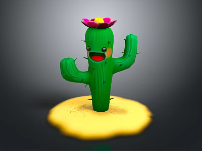 Cartoon Cactus With Pink Flower On Head Happy Expression Yellow Sand Under 3d model