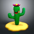 Cartoon Cactus With Pink Flower On Head Happy Expression Yellow Sand Under