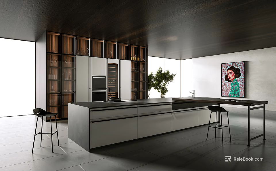 Modern Open Kitchen Interior With Island Counter Cabinets Bar Stools Green Plant And Artwork 3d model 