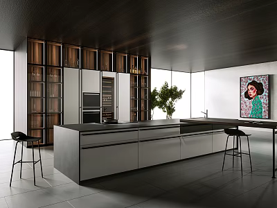 Modern Open Kitchen Interior With Island Counter Cabinets Bar Stools Green Plant And Artwork 3d model