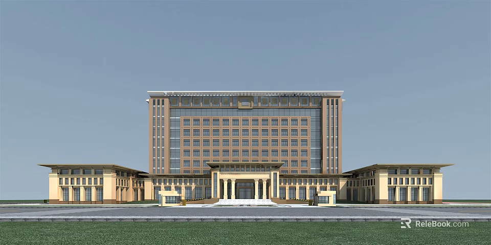 Modern Multi Story Office Building With Classical Facade And Spacious Front Yard 3d model 