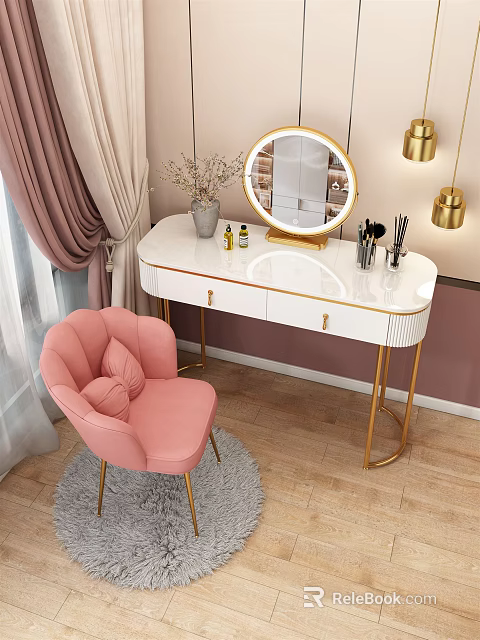 Elegant White Dressing Table With Gold Legs Round Mirror Makeup Brushes And Pink Chair 3d model 