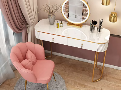 Elegant White Dressing Table With Gold Legs Round Mirror Makeup Brushes And Pink Chair 3d model