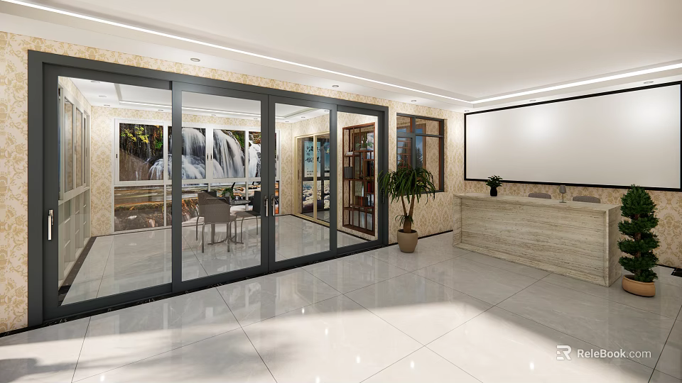 Modern Interior With Glass Sliding Doors Marble Floor Reception Counter And Potted Plant 3d model 