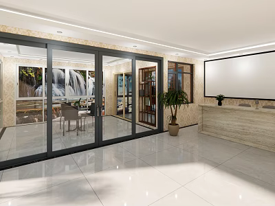 Modern Interior With Glass Sliding Doors Marble Floor Reception Counter And Potted Plant 3d model