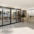 Modern Interior With Glass Sliding Doors Marble Floor Reception Counter And Potted Plant