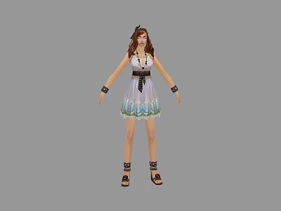Female Game Movie Character With Brown Hair White Top Patterned Skirt Necklace Bracelets Sandals 3d model
