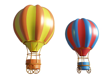 Colorful Hot Air Balloons With Yellow Orange Red Blue Stripes And Baskets On White Background 3d model