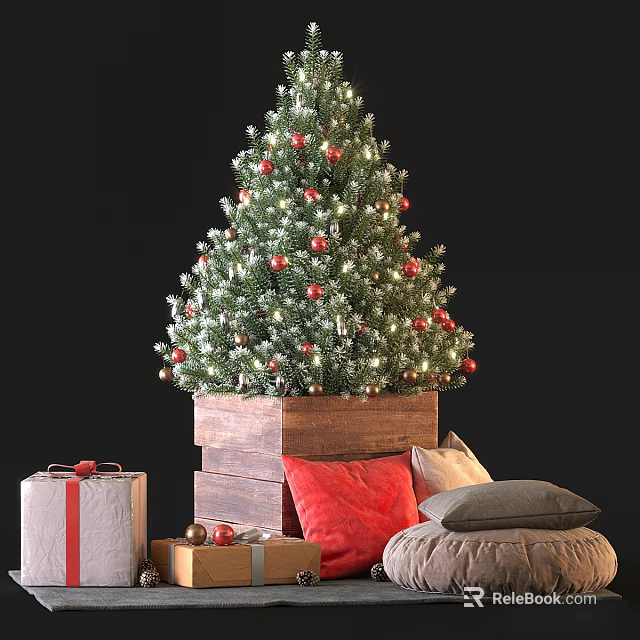 Christmas Decorative Ornament Set With Tree Balls Gift Boxes Pillows And Wooden Base 3d model 