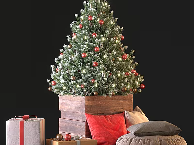 Christmas Decorative Ornament Set With Tree Balls Gift Boxes Pillows And Wooden Base 3d model