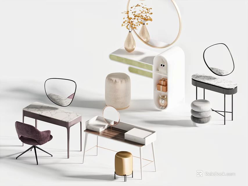 Modern Dressing Table Designs With Round Mirrors Stools And Marble Tops 3d model