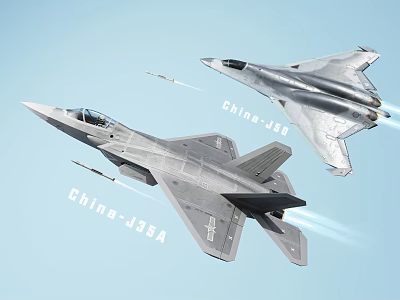 Chinese J35A and J20 Fighter Jets Flying With Missiles in Sky 3d model