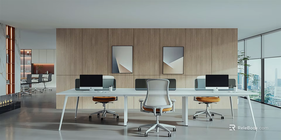 Modern Public Office Space with Long Table Multiple Monitors Office Chairs and Wooden Wall Art 3d model 