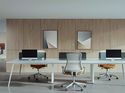 Modern Public Office Space with Long Table Multiple Monitors Office Chairs and Wooden Wall Art 3d model