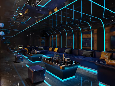 Elegant Modern KTV Interior With Blue LED Lighting Comfortable Sofa Bar Counter And Mirror Decor 3d model