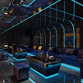 Elegant Modern KTV Interior With Blue LED Lighting Comfortable Sofa Bar Counter And Mirror Decor