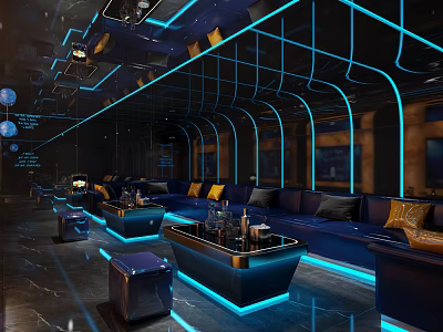 Elegant Modern KTV Interior With Blue LED Lighting Comfortable Sofa Bar Counter And Mirror Decor 3d model