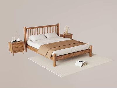 Wooden Double Bed With Modern Design And Matching Nightstands Lamp Vase And Rug 3d model