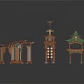 Traditional Chinese Architectural Models with Red Wooden Frames Green Roofs and Decorative Eaves