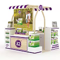 A2 Milk Product Display Kiosk With Purple Striped Awning And Green Packages