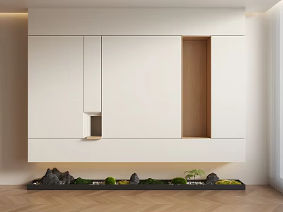 Modern Interior Wall Design With White Cabinetry Wooden Inset And Green Plants 3d model
