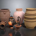 Ancient Ceramic Pottery Collection With Various Shapes And Decorative Patterns 3d model