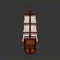 Wooden Sailing Ship Water Transport With Two Masts White Sails And Red Flags