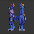 3D Blue Anthropomorphic Character Front Back Views Orange Hair Pink T Shirt Black Shorts